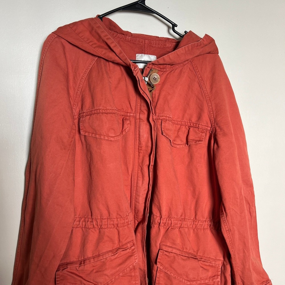 LOFT Ann Taylor Burnt Orange Linen Cotton Utility Parka Hooded Jacket Womens L - Picture 3 of 9